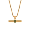 Vergulde T-Bar ketting met groene kristallen pavé hanger en fijne schakelketting - Groene Zirkoon