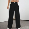 Women's high waist wide leg suit trousers in solid black with smooth drape fabric - S / Black