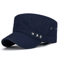 Navy blue cotton flat top cadet hat with three silver metal star studs on the side - Adjustable / Navy Blue