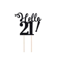 Sparkly black glitter 'Hello 21' cake topper with wooden sticks for 21st birthday - Hello 21! / Black