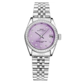 Classic silver stainless steel watch with diamond bezel and sunray purple dial - Silver Purple