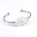 Close-up of handmade silver wire wrapped natural clear crystal hexagram open bangle - White Crystal