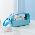 Light blue portable makeup bag with clear PVC window and leather trim - Small / Blue