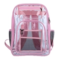 Pink trim transparent PVC backpack with front mesh pocket and side pouches on white background - Pink