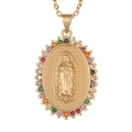 Macro detail of gold Virgin Mary pendant featuring colorful cubic zirconia gemstones - Virgin Mary (Oval Multi-color Zirconia)