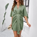 Elegant olive green satin V-neck mini dress with waist tie and wide sleeves for women - S / Green