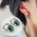 Minimalist gold-plated stainless steel hoop earring with dark green marble stone pendant - Silver-Ink Texture