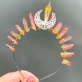 Detail of handmade crown headband with orange crystals and silver hollow moon ornament - Yellow Orange