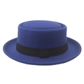Chapeau boater en feutre bleu foncé avec ruban noir et calotte plate élégante - 57cm / Bleu