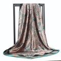 Elegant 90cm satin square scarf with pink paisley pattern on a studio display stand - 90x90cm / Beige Pink and Blue Green (Paisley)