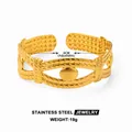 18k gold plated stainless steel open bangle with woven texture and adjustable design - Gold Woven Texture