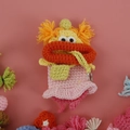 Handmade crochet big lips key cover in yellow and orange with a pink dress style - Pink with Braids