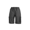 Detailed view of dark grey cargo shorts with elastic drawstring waist and side zip pockets - Dark Gray