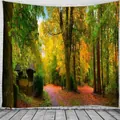 Autumn forest path tapestry featuring a cabin and fallen leaves for home wall decor - Late Autumn Cabin (SLXL16)