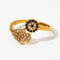 Anello aperto Hamsa Hand ed Evil Eye dorato con strass bianchi e blu scintillanti - Stile Occhio del Diavolo Mano di Fatima Zircone Blu (KBJ383) / Oro