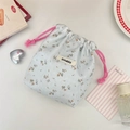 Detail view of a floral cotton drawstring storage bag with pink flowers and a woven cord - Blue