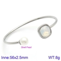 Silver stainless steel open bangle with shell pearl and white gemstone inlay - Silver With Square Opal Color Stone (KB123002-K)