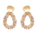 Colorful crystal beaded teardrop earrings with gold metallic discs on a white background - Pink Purple