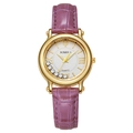 Chic women's quartz watch with a purple leather strap and gold case with crystal accents - Pink