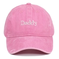 Close-up of Daddy embroidery on washed pink cotton baseball cap with reinforced stitching - One Size / Pink