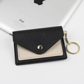 Portacarte sottile in pelle PU bicolore nero e beige con portachiavi dorato raffinato - Nero