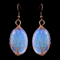 Detailed wire-wrapped tree of life earrings with opalite stones on copper wire - Antique Copper + Synthetic Opalite