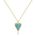 Close-up of heart pendant with turquoise gemstone and crystal border on golden chain - Blue