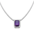 Elegant silver tennis necklace featuring a large rectangular purple zircon pendant - Purple