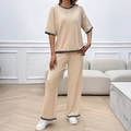 Damen Strickset in Beige mit Kurzarm Oberteil und weiter Hose sowie Kontraststreifen - S / Aprikose