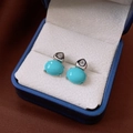 Elegant silver earrings with oval turquoise blue stone and teardrop zircon crystal - Silver Needle-Silver-Blue Turquoise Pendant(63#)