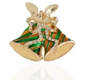 Christmas double bell brooch with green enamel and sparkling rhinestones on gold metal - Double Bells