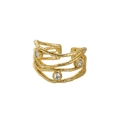 Anillo abierto multicapa de plata de ley S925 bañado en oro con piedras de circón - Talla 13/Apertura Ajustable / Oro de 18K