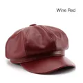 Octagonal newsboy hat in premium wine red faux leather with paneled stitching - Burgundy