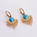 Bohemian gold stainless steel drop earrings featuring a blue turquoise sunburst design - Bohemian Turquoise Fan Earrings (AMLEH003)