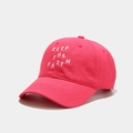 Close-up of pink baseball cap featuring white KEEP THE FAITH embroidery and cotton texture - Adjustable / Rose Red