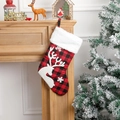 Calza di Natale a quadri rossi e neri con bordo in peluche bianco e ricamo di renna - Renna Stile B