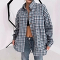 Detail of blue and white plaid shirt showing classic collar and wooden buttons texture - S / Light Green