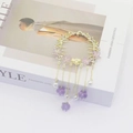 Golden hair clip with purple flowers, shimmering rhinestones and long pearl tassels - F0414 Gold Amethyst Flower