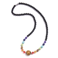 Detail view of 6mm chakra bead necklace with natural tiger eye stone and colorful gemstones - Tiger Eye Necklace