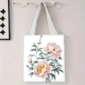 Détail d'un sac cabas en toile blanche avec grand imprimé de pivoine rose et feuilles vertes - Grande Pivoine Rose (jiayingstd88)