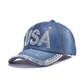 Dark blue denim baseball cap with USA rhinestone design and crystal studded brim for women - 46-USA Medium Blue-Medium Blue