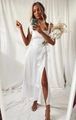 Detailed view of white satin dress featuring adjustable bow straps and side leg slit - S / Off White