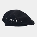 Detailed view of black rabbit fur beret with sparkling rhinestone flower embellishments - M(56-58cm) / Black