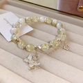 Multilayer beaded bracelet with yellow ice crack beads and silver butterfly charm - Silver Butterfly Style (156) / White/Yellow