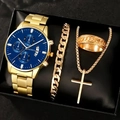 Luxury gold watch gift set with blue dial watch, cross necklace, bracelet and ring - Style 6 (No Box)