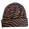 Detailed view of the tiger print knit beanie featuring a ribbed edge and soft texture - Tiger Stripes - Brown & Black