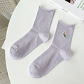 Lavender cotton crew socks with delicate tulip embroidery and a soft rolled edge - One Size / Light Purple