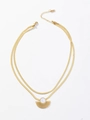 Golden double layer stainless steel necklace with round white shell and fan shaped pendant - Necklace