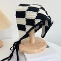 Handmade crochet black and white checkerboard knit bandana with ties for hair - Black White Checkerboard Retro