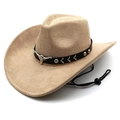 Dettaglio cappello da cowboy con fibbia a testa di toro e cinturino in pelle nera - M(56-58cm) / Cammello